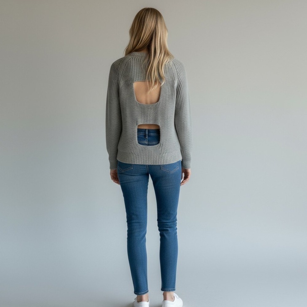 JACK by BB Dakota Cutout Back Waffle Knit Sweater Olive Green XS Chic Crew Neck